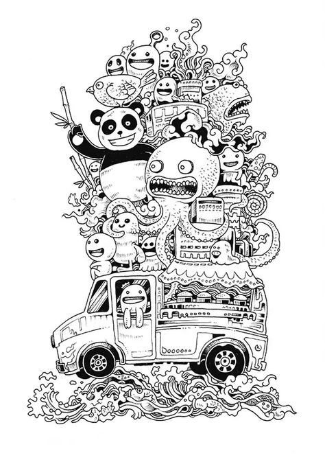 Funny Doode art with various animals & kawaii characters ON a car, From the gallery : Doodling / Doodle Art Tato Mandala, Doodles Bonitos, Doodle Monster, Arte Doodle, صفحات التلوين, Doodle Inspiration, Doodle Art Drawing, Doodle Coloring, Funny Illustration