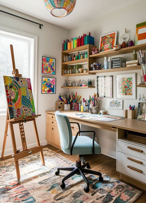 Home Office And Art Room, Small Office Studio Ideas, Artist's Room Decor, Art Space In Apartment, Home Office Artist Studio, Bedroom Artist Studio, Craft Art Room, Work Room Ideas Home, Art Desk In Bedroom