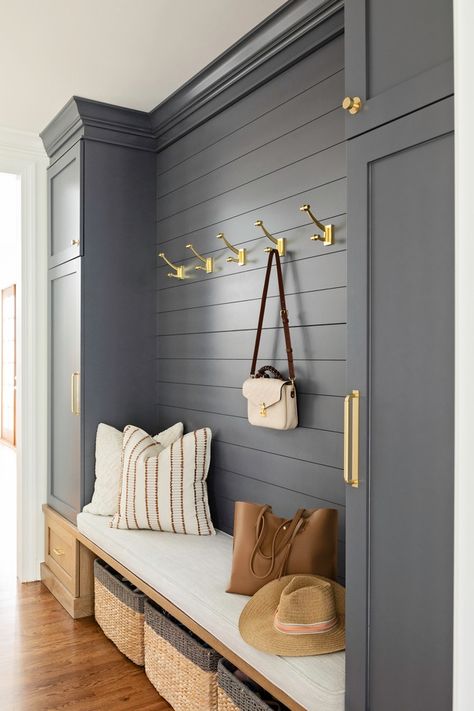 Mudroom Paint, Mudroom Paint Color, Ashley Martin, Mudroom Remodel, Mudroom Cabinets, Blue Gray Paint, Mudroom Entryway, Mudroom Decor, Mudroom Laundry Room