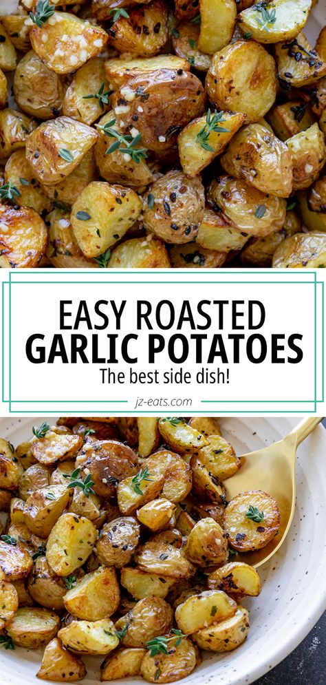 Roasted Potatoes Side Dish, Roasted Garlic Potatoes Recipes, Garlic Butter Potatoes Skillet, Park Garlic Potatoes, Sliced Garlic Potatoes, Garlic Thyme Potatoes, Garlic Golden Potatoes, Garlic Butter Small Potatoes, Easy Garlic Potatoes