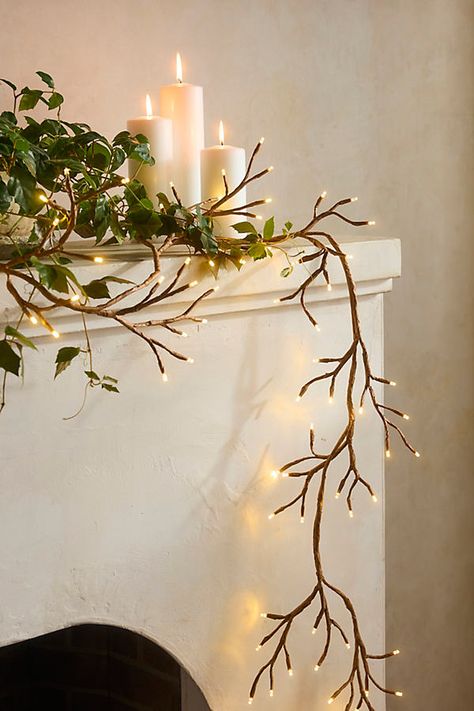 Warm white LED lights dot the branching structure of this glowing strand, wrapped in faux ivy. Add these branch lights, which can be powered via plug or solar, to décor indoors or out. | Solar LED Ivy Branch Lights at Terrain Branch Lights, Unique Lamp Shades, Faux Ivy, Twig Lights, Lighted Branches, Fireplace Lighting, Warm White Led Lights, Unique Lamp, Wire Lights