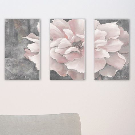 'Pastel Pink Peony on Gray' 3 Piece Graphic Art Wall Plaque Set Blush Pink And Grey Bedroom, Pink And Grey Room, Pink Wall Decor, Gray Bedroom, Rose Pastel, Pink Peony, Pink Room, Pink Decor, Simple Bedroom