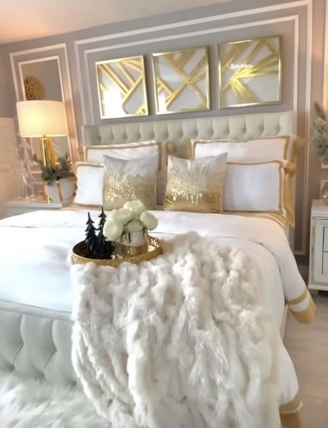 Boho Glam Master Room Bedroom Ideas, Beige And Black Bedroom Ideas Glam, Gold Bed Frame Aesthetic, Different Themes For House, Beige Gold Bedroom Ideas, Glam Bedroom Decor Luxury Classy Chic, Tan And Gold Bedroom, White Gold Bedroom Aesthetic, Gold And White Bedroom Decor