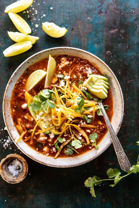 Crockpot Spicy Vegetarian Tortilla Soup with Quinoa | halfbakedharvest.com #crockpot #slowcooker #easyrecipes #healthyrecipes #healthyjanuary #mexican #soup Crockpot Tortilla Soup, Easy Tortilla Soup Recipe, Soup With Quinoa, Vegetarian Tortilla Soup, Tortilla Soup Easy, Quinoa Soup, Tortilla Soup Recipe, Crockpot Soup Recipes, Vegetarian Crockpot