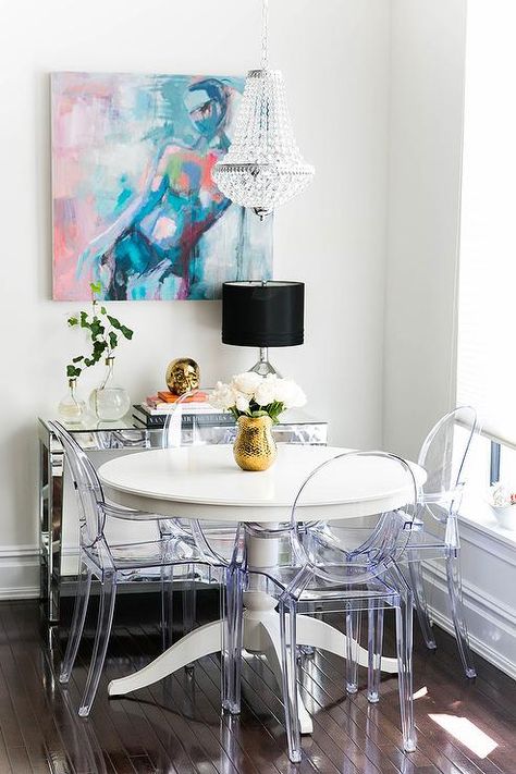 A clear beaded chandelier by Overstock illuminates a white Ikea Ingatorp Dining Table lined with Ghost Chairs. Clear Furniture, Dining Room Buffet Table, Dining Room Console, Ghost Chairs, Dining Room Buffet, Industrial Interiors, Small Flat, Renovation Ideas, Dining Room Design