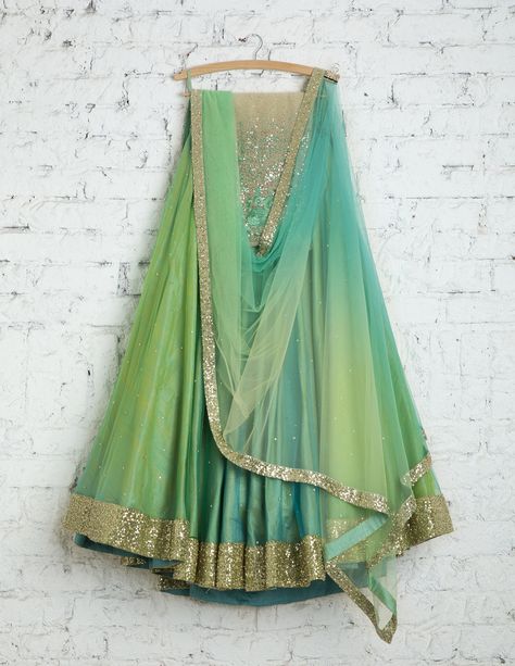 SwatiManish Lehengas SMF LEH 168 17 Teal shaded lehenga with dupatta and green threadwork blouse Swati Manish Lehenga, Manjha Outfit, Threadwork Blouse, Shaded Lehenga, Plazo Suit Design, Lehenga With Dupatta, Bridal Anarkali, Punjabi Suit Boutique, Special Outfits