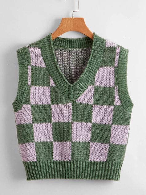 Gingham Pattern Sweater Vest | SHEIN USA Crochet Sweater Vest, Vest Pattern Free, Crochet Vest Pattern, Crochet Fashion Patterns, Gingham Pattern, Crochet Shirt, Vest Pattern, Crochet Vest, Crochet Top Pattern