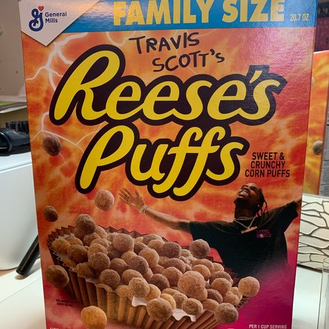 New Unopened Travis Scott Reese Puffs Corn Puffs, Reese's Puffs, Travis Scott Astroworld, Hypebeast Fashion, 90s Clothing, General Mills, Free Boxes, Serving Utensils, Travis Scott