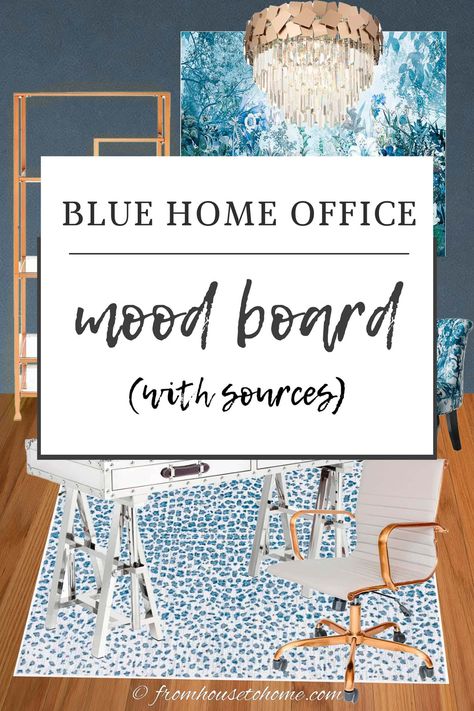 | My Home Office Blue And White Home Office, Home Office Mood Board, Office Mood Board, Blue Home Offices, Leopard Print Rug, Diy Large Wall Art, Home Office Layouts, White Home Office, Blue And White Home