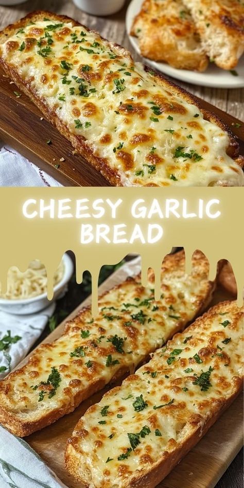 Cheesy Garlic Bread Ingredients: 1 loaf French bread 1/2 cup unsalted butter, softened 3 cloves garlic, minced 1 cup shredded mozzarella cheese 1/4 cup grated Parmesan cheese 1 tablespoon fresh parsley, chopped Salt and pepper to taste #Cheesy #GarlicBread French Bread Appetizers, French Garlic Bread, Cheesy Garlic Bread Recipe, French Bread Loaf, Parmesan Bread, Garlic Spread, French Bread Recipe, Garlic Cheese Bread, Garlic Bread Recipe