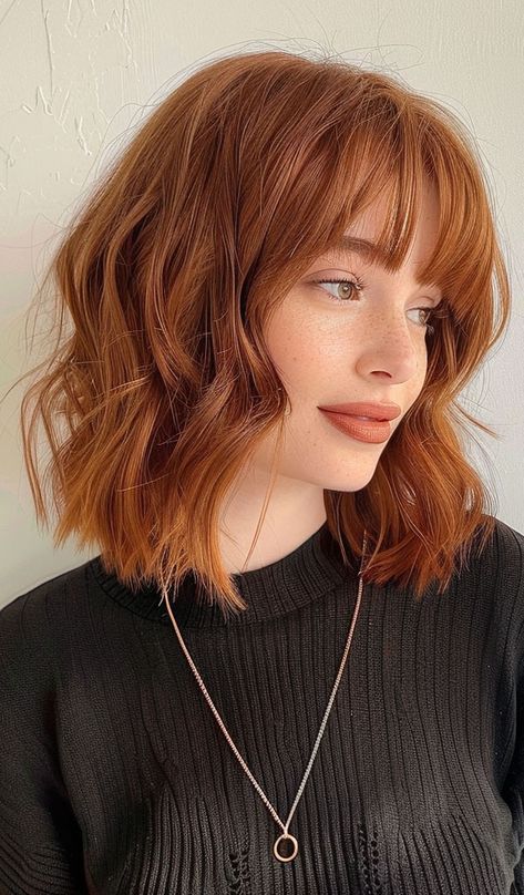 Fiery Red Bob with Soft Waves Choppy Bob Red Hair, Red Head Bob Haircut, Red Bob Hair With Bangs, Short Red Hairstyle Women, Soft Bob With Bangs, Copper Hair With Fringe, Red Short Hair With Bangs, Dyed Bob Hair, Copper Long Bob