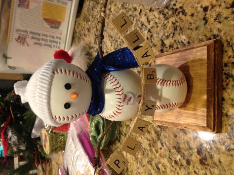 my baseball snowman Diy Baseball Snowman, Baseball Snowman Diy, Baseball Hat Reference, Baseball Snowmen, Baseball Ornaments Diy, Football Snowman, Hat Reference, Baseball Snowman, Baseball Costume