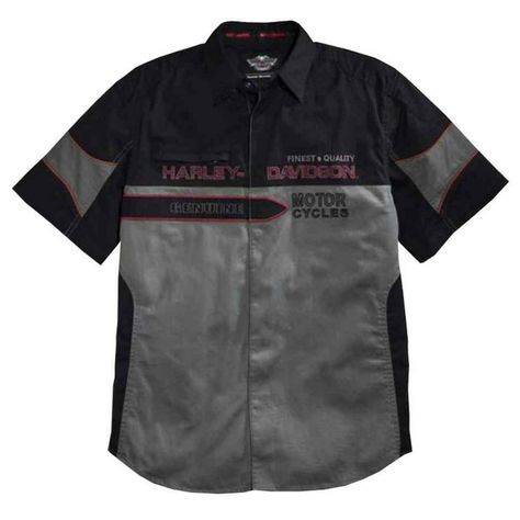 Harley-Davidson Men's Finest Quality Short Sleeve Woven Shirt, 96112-16vm. Made Of 100% Cotton Twill, That Is Washed For Softness. Hidden Snap Front And Snap-Down Collar. One Zippered Chest Pocket. Contrasting Piping. Embroidered Graphics On Front And Back Yoke. 96112-16vm Harley-Davidson Men's Finest Quality Short Sleeve Woven Shirt Made Of 100% Cotton Twill That Is Washed For Softness Hidden Snap Front And Snap-Down Collar One Zippered Chest Pocket Contrasting Piping With Embroidered Graphics Mechanic Clothes Men, Harvey Davidson, Race Fashion, Harley Davidson Shirts, Mechanic Clothes, Mechanic Shirt, Harley Davidson Clothing, Shirt Outfit Men, Harley Davidson Men