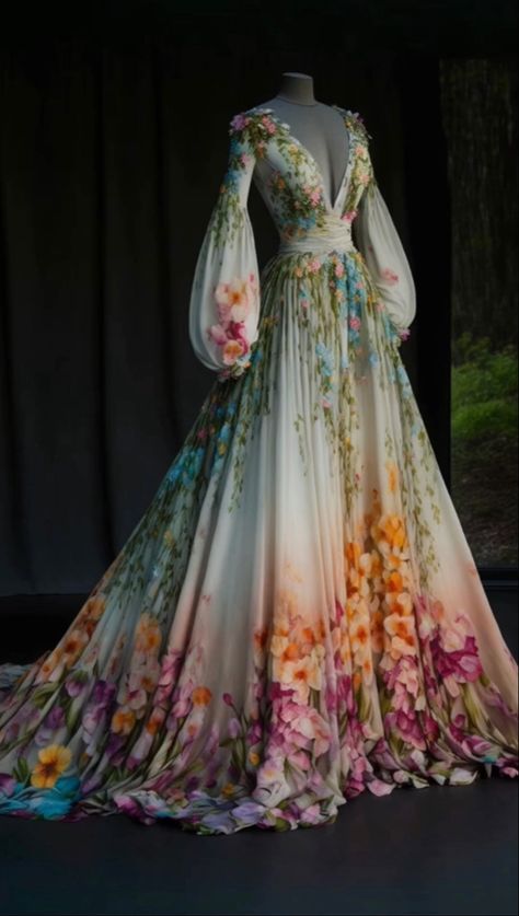 Spring Fantasy Clothing, Spring Court Outfit, Spring Court Aesthetic Outfits, Acotar Inspired Dresses, Cottagecore Ballgown, Autumn Court Dress, Garden Of Time Dress, Acotar Dresses, Spring Ball Gown