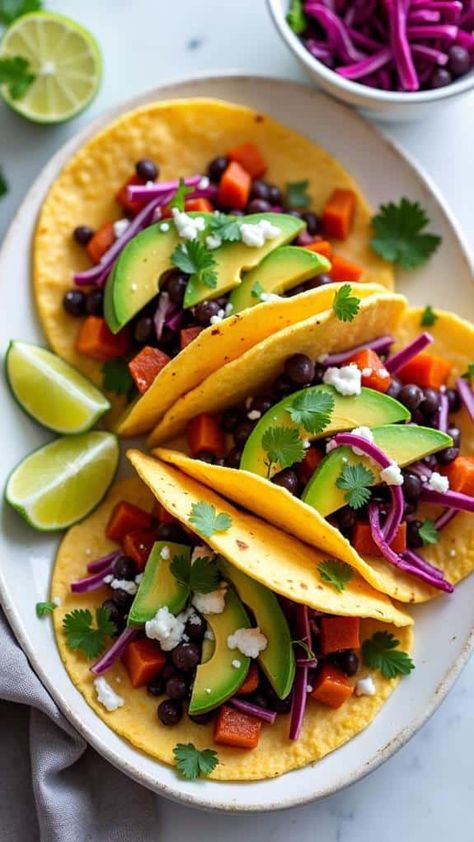 Roasted Sweet Potato and Black Bean Tacos Potato And Black Bean Tacos, Sweet Potato And Black Bean, Black Bean Tacos, Bean Tacos, Roasted Sweet Potato, Easy Lunch Recipes, Pickled Red Onions, Easy Lunch, Yummy Lunches