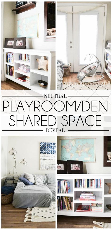 a shared playroom and den - love the neutral decor that's fun for kids but not too child-like. great neutral den for a family home Playroom Den Ideas, Shared Playroom And Family Room, Den Playroom Ideas, Kids Den Ideas, Family Den Ideas, Den And Playroom Combo, Den Playroom Combo, Neutral Den, Living Room Playroom Combo