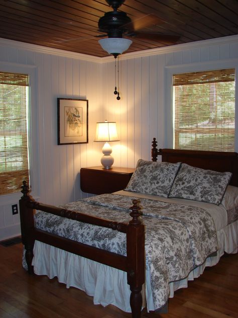 Antique Rope Bed; Cypress Tongue and Groove Paneling (Walls: Behr Hazelnut Cream; Ceiling: Stained English Chestnut) Beadboard Walls And Ceiling, Cypress Paneling, Tongue And Groove Paneling, Shiplap Room, Cream Ceiling, T1 11 Siding, Paneling Walls, Rope Bed, Stained Wood Trim