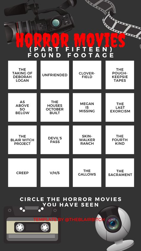 Horror Movie Bingo (Part Fifteen Found Footage Edition) Instagram Story Template Watching A Horror Movie Template, Horror Movie Watch List, Found Footage Movies, Horror Movie Challenge, Horror Movie Bingo, Horror Movies Marathon, Bingo Movie, Found Footage Horror, October Horror Movie Calendar