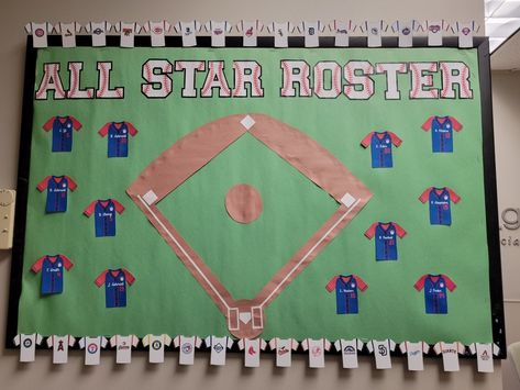 Softball Bulletin Boards, Sports Bulletin Board Ideas Hallways, Sport Bulletin Board Ideas For School, Sports Team Bulletin Board Ideas, Athletics Bulletin Board, Baseball Bulletin Board Ideas, Baseball Theme Bulletin Board Ideas, Team Bulletin Board Ideas, Sports Bulletin Board Ideas