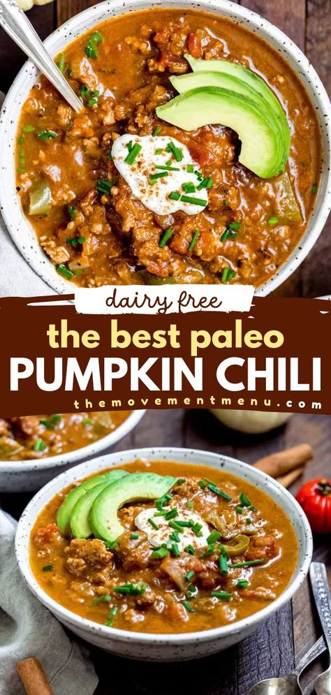 Want some comfort food for dinner? Have the BEST paleo pumpkin chili! It's also dairy-free, Whole30 compliant, and an easy low-carb recipe. Whether made in the Instant Pot or on the stovetop, this pumpkin recipe is a family-friendly fall food! Turkey Chili Paleo, Paleo Meal Ideas Dinners, Whole 30 Recipes Chili, Fall Low Carb Meals, Easy Paleo Soup, Whole Food Healthy Recipes, Whole30 Fall Recipes, Pumpkin Puree Recipes Healthy Dinner, Aip Instapot Recipes