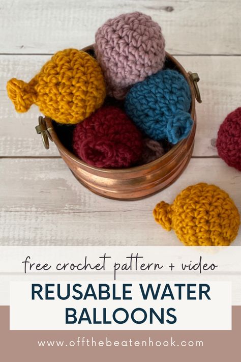 Eliminate the mess and choose a eco-friendly alternative with these reusable water balloons! This free crochet pattern is accompanied by a video tutorial which covers the making in full. Follow the written pattern or the video tutorial and you'll have a bucket of these crochet water balloons in no time! Get the free pattern + video tutorial here. Crochet Water Balloons, Reusable Water Balloons, Double Crochet Decrease, Roving Yarn, Fall Crochet Patterns, Crochet Decrease, Halloween Crochet Patterns, All Free Crochet, Balloon Shapes