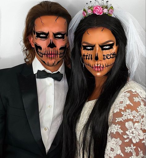 Couple Halloween Makeup, Couples Costume Halloween, Bride And Groom Matching, Catrina Costume, Halloween Bride, Halloween Makeup Pretty, Horror Makeup, Matching Costumes, Face Painting Halloween