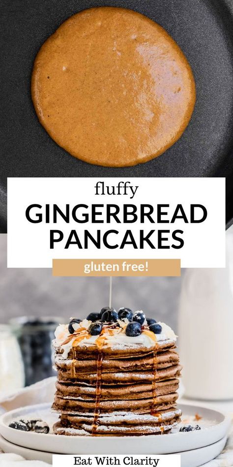 These gingerbread pancakes are the perfect way to wake up on Christmas morning! They're light, fluffy and completely gluten free with an option to be vegan. These pancakes are perfectly spiced with ginger and cinnamon and delicious with lots of maple syrup on top. #pancakes #gingerbreadpancakes Healthy Holiday Breakfast, Gingerbread Pancakes Recipe, Fluffy Gluten Free Pancakes, Paleo Gingerbread, Feasting On Fruit, Gingerbread Pancakes, Pancakes Vegan, Clean Foods, Gluten Free Gingerbread