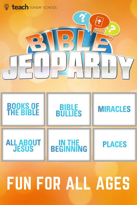 Bible Jeopardy Game for Ages 7-107!  Print the trivia questions & game board and start playing in minutes!  All material available on the website. 4 In A Row Game Diy, Organized Mass Chaos Game, Bible School Activities For Kids, How To Make A Jeopardy Game Board, Homeschool Jeopardy, Bible Jepordy Questions, Bible Bowl Questions And Answers, Bible Family Fued, Biblical Games For Adults