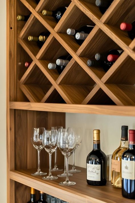 Are you a wine lover in need of a chic storage solution? This setup combines wine racks and open shelves to showcase your bottles and glassware beautifully. I love how it’s both functional and stylish, perfect for small home bars or living rooms. If you’ve been dreaming of an elegant wine display, this is your sign to create one today! Wine Bottle Shelf Storage Ideas, Wine Rack Shelves, Wine Bottle Rack Ideas, Wine Shelf Ideas, Small Home Bars, Wine Collection Display, Home Bar Shelf, Floating Bar Shelves, Glass Bar Shelves