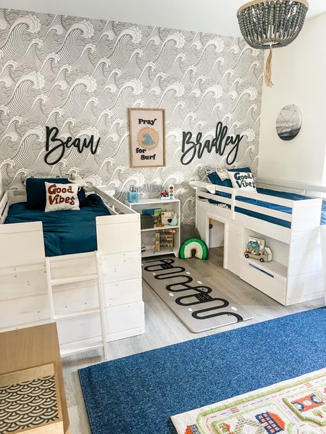 Twin Boy’s Shared Coastal Surfer Bedroom Shared Boys Room Beds, Toddler Boy Girl Shared Room Ideas, Boy Girl Shared Bedroom Ideas Toddler And Baby, Brother Shared Bedroom Ideas, Kids Shared Bedroom Boys, Twin Boy Bedroom Ideas Toddlers, Brother Room Ideas Shared Bedrooms, Brothers Shared Bedroom Ideas, Boy Shared Bedroom Ideas