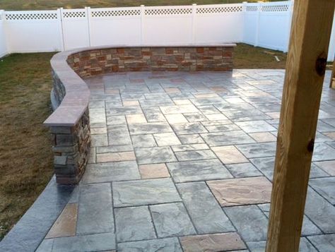 Concrete Patio With Privacy Wall, Half Wall Outdoor Patio, Patio With Knee Wall, Stone Half Wall Outside, Brick Knee Wall Patio, Low Stone Wall Around Patio, Knee Wall, Half Walls, Patio Wall