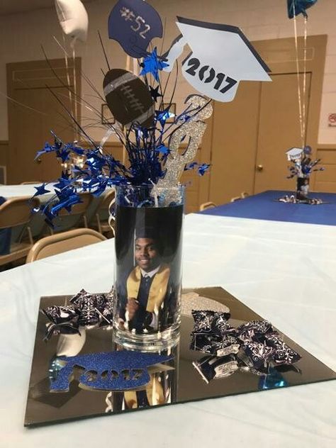 Graduation centerpiece with grad picture and cut outs. Boys Graduation Party, Decorations Graduation Party, High School Graduation Party Decorations, Party Decorations Graduation, Graduation Centerpiece, Boy Graduation, Senior Graduation Party, Graduation Party High, Graduation Open Houses