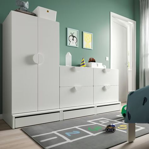 SMÅSTAD / UPPFÖRA Wardrobe, white white/with 2 chests of drawers, 707/8x221/2x531/2" - IKEA Childrens Wardrobes, Ikea Kids Room, Ikea Kids, Plastic Shelves, Fitted Wardrobes, Clothes Rail, Basket Shelves, Boy's Bedroom, Kids Storage