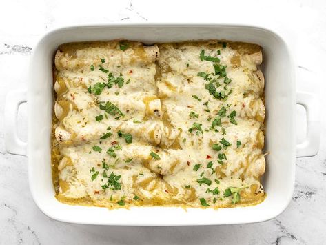 Green Chile Chicken Enchiladas Recipe - Budget Bytes Green Chile Chicken Enchilada Casserole, Chili Chicken Enchiladas, Enchiladas Corn Tortillas, Green Chili Chicken Enchiladas, Toasted Corn, Green Enchiladas, Enchiladas Chicken, Green Chile Enchilada Sauce, Chicken Chile