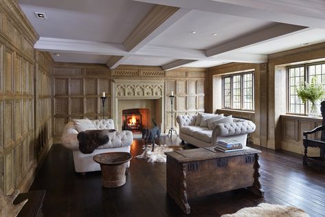 Panelled Walls Living Room, Tudor Ceiling, Ceiling Millwork, Oak Panelling, Panelled Walls, Walls Living Room, Wooden Panelling, Basement Inspiration, Duck House