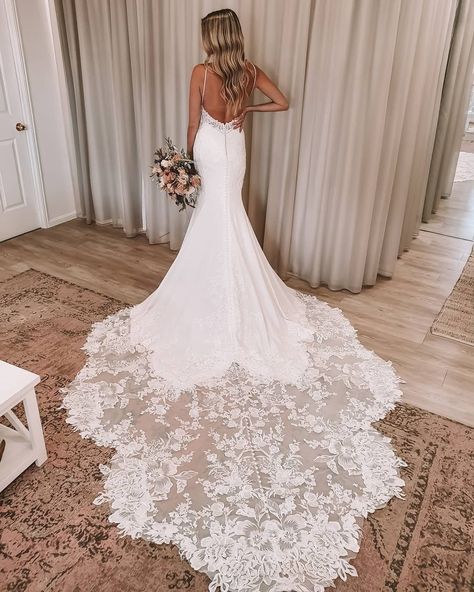 Martina Liana Bridal Designs on Instagram: “Style 1165 is for all my brides looking for a bit of a dramatic flare 😘⁠ ⁠ Bridal Boutique: @gladstonebridalboutique⁠ .⁠ .⁠ .⁠ #1165…” Wedding Dresses Spaghetti Strap, Applique Wedding, Wedding Dress Train, Beach Bridal, Applique Wedding Dress, Wedding Dress Pictures, Dream Wedding Ideas Dresses, Lace Bridal Gown, A Wedding Dress