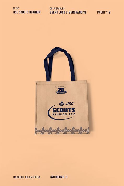 Year: 2019 Event: JISC Scouts Reunion Deliverables: Event Logo & Merchandise Design Hamidul Islam Hera @hihera818 Event Logo, 20th Anniversary, Merchandise Design, Mockup Design, Global Community, Creative Professional, Mockup, Reusable Tote Bags, Tote Bag