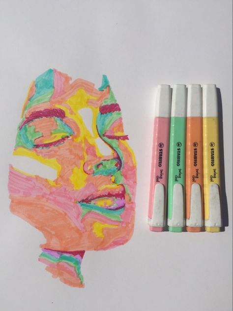 I used standard pastel highlighters to create an abstract portrait with exaggerated colors. Painting media drawing Womans face painting drawing bright colours abstract pastel stablo highlighters #paintingmedia #highlightpainting #abstractpaintings #abstractart #aesthetic #pastel #portrait #pastelart Coloring With Highlighters Drawing, Dada Art Paintings, Coloured Face Drawing, Highlighter Portrait Drawing, Highlighter Portrait Art, Colourful Face Drawing, Face Highlights Drawing, Self Portrait Drawing Abstract, Aesthetic Colorful Drawings