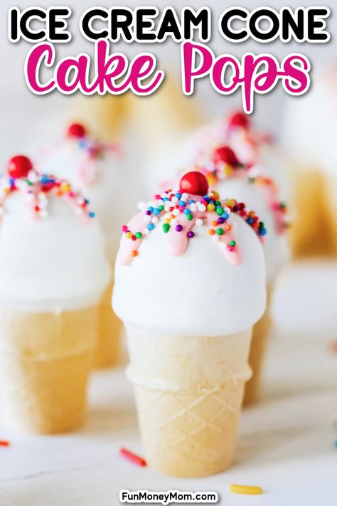 These adorable Ice Cream Cone Cake Pops are a fun and delicious twist on classic cake pops! Complete with a chocolate drizzle, colorful sprinkles, and a cherry on top, they make the ultimate summer treat. Waffle Cone Cake Pops, Hot Air Balloon Desserts, Mini Ice Cream Cone Cake Pops, Cake Pop Cones, Birthday Cake Pops Ideas, Ice Cream Cake Pops Tutorial, Nutella Cake Pops, Cone Treats, Cone Cake Pops