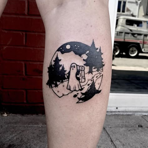 Hiking With Dog Tattoo, Dog Hiking Tattoo, Realistic Ghost Tattoo, Sasquatch Tattoo Small, Boo Bees Tattoo, Ghost Dog Tattoo, Spooky Matching Tattoos, Sheet Ghost Tattoo, Small Ghost Tattoo