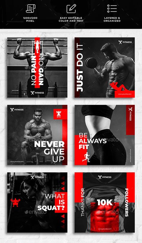 12 Fitness Gym Social Templates - Square PSD. So amazing and eyecatching for Fitness Gym branding and marketing. You only need to edit texts and put your own photos. #gymdesign #gymmarketing #gymbusiness #fitnessbusiness #gym #fitness #design #fitnessequipment #gymequipment #crossfit #workout #fitnessindustry #gymfranchise #fitnessaddict Gym Marketing Ideas Social Media, Fitness Design Graphics, Crossfit Graphic Design, Gym Post Design, Fitness Social Media Design, Fitness Brand Design, Gym Poster Design Creative, Gym Content Ideas, Gym Template Design