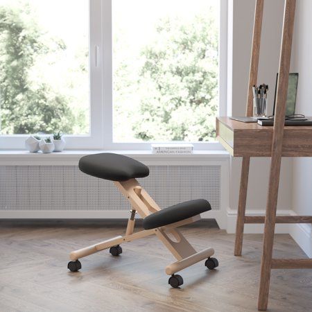 Whether you work from home or go into the office, long workdays can take a toll on your body. This ergonomic kneeling chair is a trend setting option for people who want to support their body's natural posture. It's designed to strengthen your lower back muscles and help with spinal alignment. The firm, supportive padded seat and knee rests are filled with 2 inch of foam and covered with breathable fabric. The height adjustable frame has a natural wood finish. Dual wheel casters make it easy to Ergonomic Kneeling Chair, Kneeling Chair, Conference Room Chairs, Spinal Alignment, Lower Back Muscles, Black Office Chair, Contemporary Fabric, Ergonomic Office Chair, Ergonomic Chair