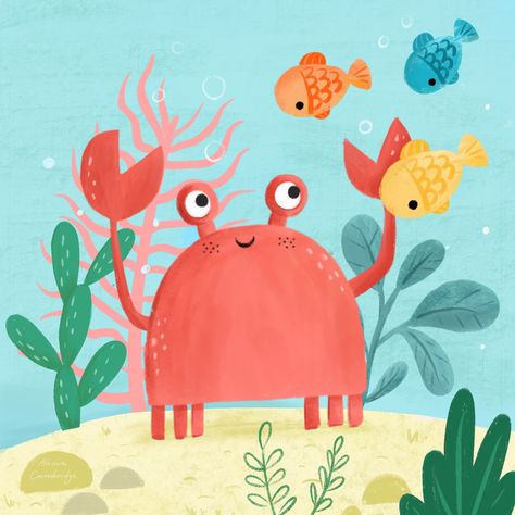 Crab Illustration, Animal Illustration Kids, Sea Illustration, Kids Room Paint, Easy Drawings For Kids, Animal Puzzle, Happy Paintings, Kid Character, Animal Books