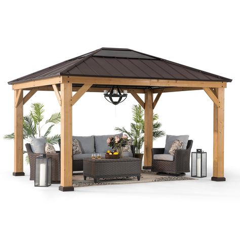 PRICES MAY VARY. 【Sturdy Double-Layer Beams】- Get twice the reinforcement with our robust wooden gazebo that boasts double-layer beams for twice the support and longevity. You will be enjoying your gazebo and hosting outdoor gatherings for years and years to come, confident in the strength and stability our design offers. 【Sturdy & Stable Construction】- Four 5.5 x 5.5 in. extra-strong sturdy wood posts with ground stakes secure the gazebo to the ground to withstand strong winds, and inclement we Covered Pergola Patio, Outside Gazebo, Screened Gazebo, Backyard Shade, Brown Roof, Wooden Gazebo, Hardtop Gazebo, Backyard Gazebo, Gazebo Pergola