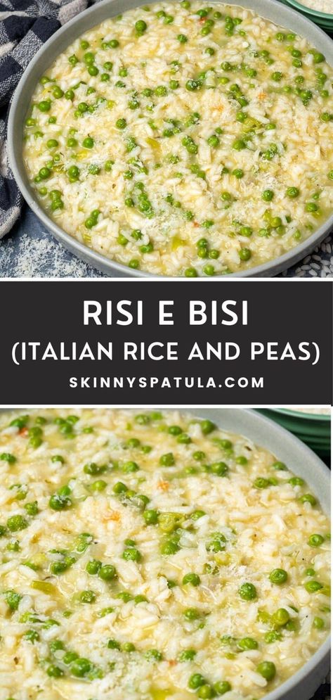 Risi e Bisi (Italian Rice and Peas) Rice And Pea Soup, Pea Rissoto Recipes, Pea And Rice Recipe, Rice And Greens, Sweet Pea Side Dishes, Creamy Rice Pilaf, Risi E Bisi Recipe, Italian Rice Recipes Simple, Italian Style Rice Recipes