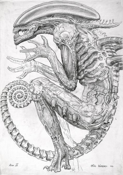 Never-Before-Seen Sketches That Inspired the Birth of Alien | Mike Worrall produced this 1990 concept drawing of the xenomorph for Alien3.  TM Hr Giger Art, Giger Alien, Giger Art, Alien Artwork, Art Alien, Arte Alien, Alien Concept, Alien Vs Predator, Alien Vs