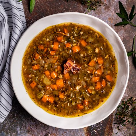 French Lentil Soup with Bacon is a rich and hearty soup packed with flavor with little effort. Makes a delicious, nutritious, and satisfying meal. Enjoy! Lentil Soup With Bacon, French Lentil Soup, Bacon Soup Recipes, Sauteed Eggplant, Soup With Bacon, French Lentils, Quick Side Dishes, Fried Turkey, Chili Soup