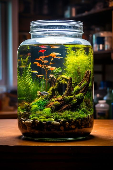 Experience the wonder of creating a self-sustaining ecosystem with a shrimp jar setup. Our detailed blog post covers everything from the initial setup to ongoing care. Click through to embark on your own eco-friendly project today. Glass Jar Aquarium, Aquarium In A Jar, Shrimp Jar Aquarium, Self Sustaining Ecosystem In A Jar, Small Shrimp Tank, Self Sustaining Aquarium, Water Terrarium With Fish, Eco System In A Jar, Jar Aquascape