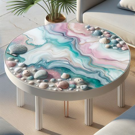 This pastel resin art table offers a serene blend of colors with seashell and pebble accents. Its whimsical beach vibe appeals to mature, creative tastes, complemented by modern white or silver legs. Perfect for a refined yet playful aesthetic. #ResinArtTable #BeachInspiredHomeDecor #ModernFurniture #PastelHomeDecor #CreativeHomeDesign #AestheticFurniture Resin Art Table, Pastel Resin, Coasters Resin, Playful Aesthetic, Resin Clock, Modern Art Canvas Painting, Moss Decor, Pastel Home Decor, Resin Work