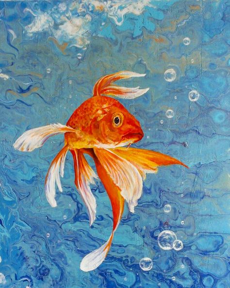 Goldfish. Fluid art. Acrylic painting. Goldfish Swimming Drawing, Tropical Fish Painting Acrylics, Goldfish Oil Painting, Gold Fish Painting Acrylics, Goldfish Art Painting, Goldfish Acrylic Painting, Orange Fish Painting, Koi Painting Acrylic, Fish Tank Painting